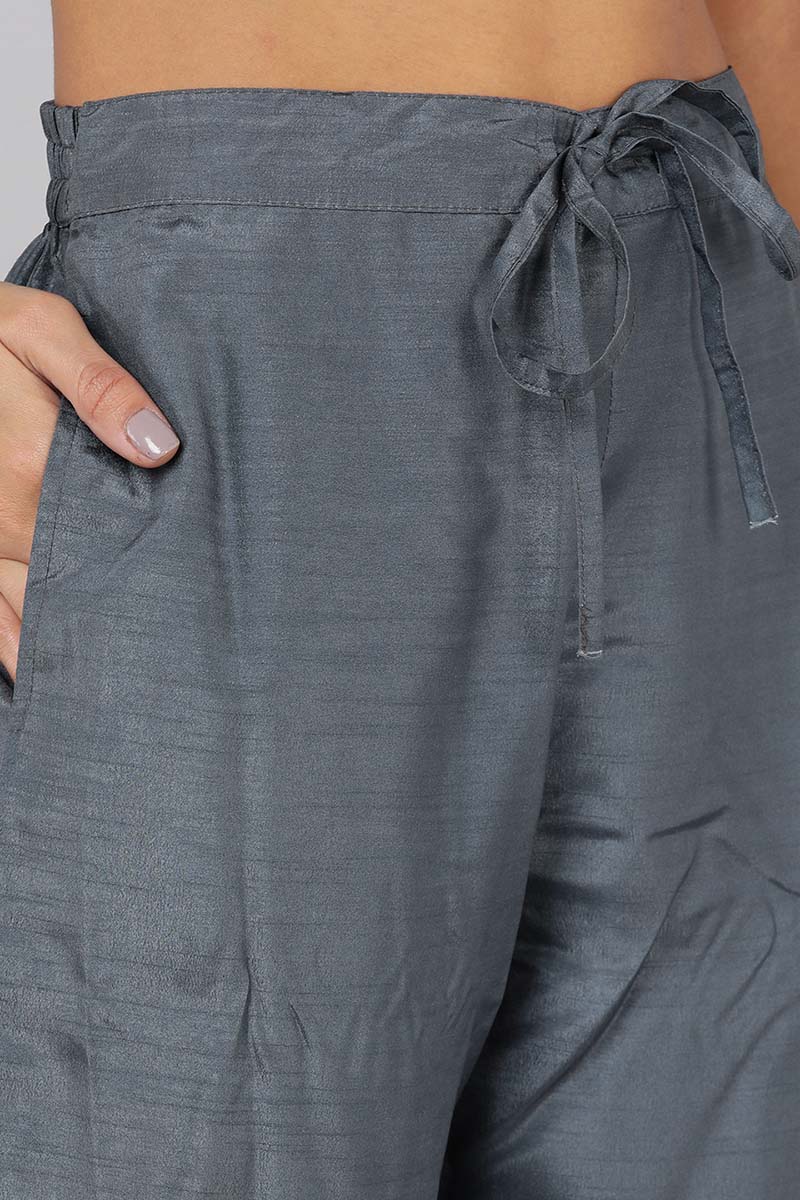  Women Grey Yoke Design Kurta Trousers With Dupatta