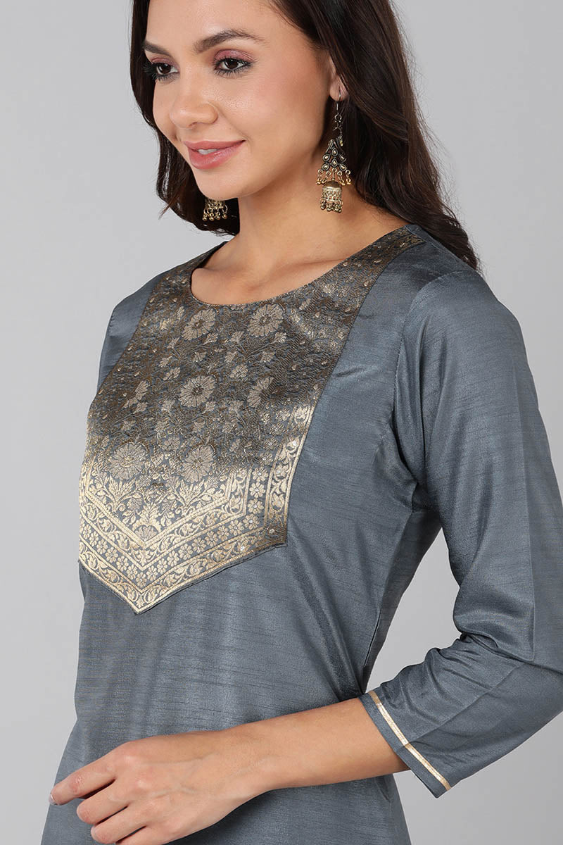  Women Grey Yoke Design Kurta Trousers With Dupatta