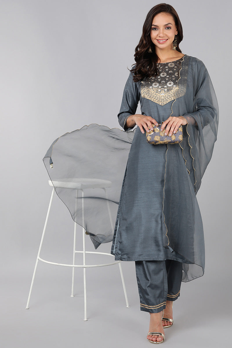  Women Grey Yoke Design Kurta Trousers With Dupatta