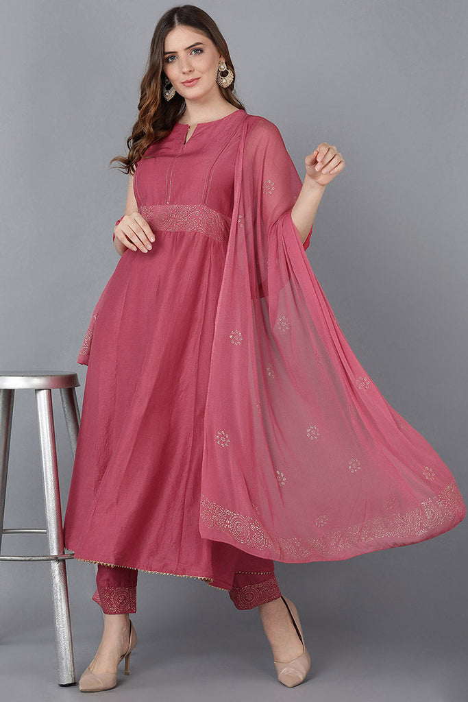  Women Peach Solid Kurta Trousers With Dupatta