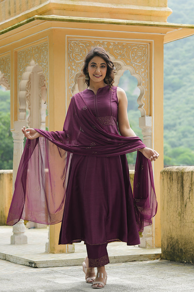  Women Purple Woven Design Kurta Trousers With Dupatta