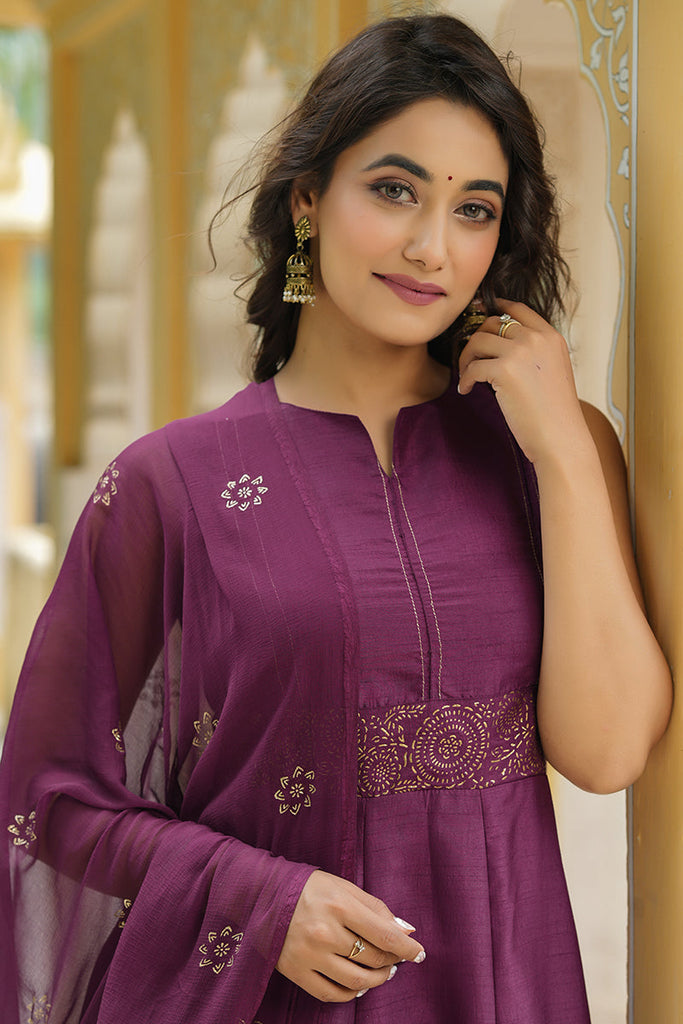  Women Purple Woven Design Kurta Trousers With Dupatta