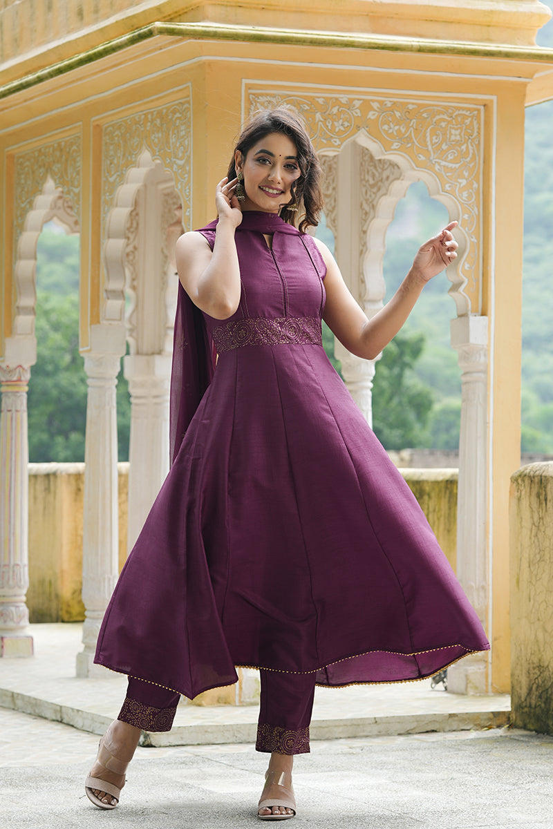  Women Purple Woven Design Kurta Trousers With Dupatta