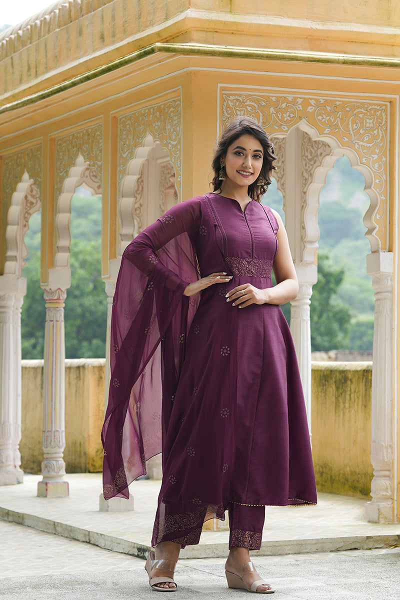  Women Purple Woven Design Kurta Trousers With Dupatta