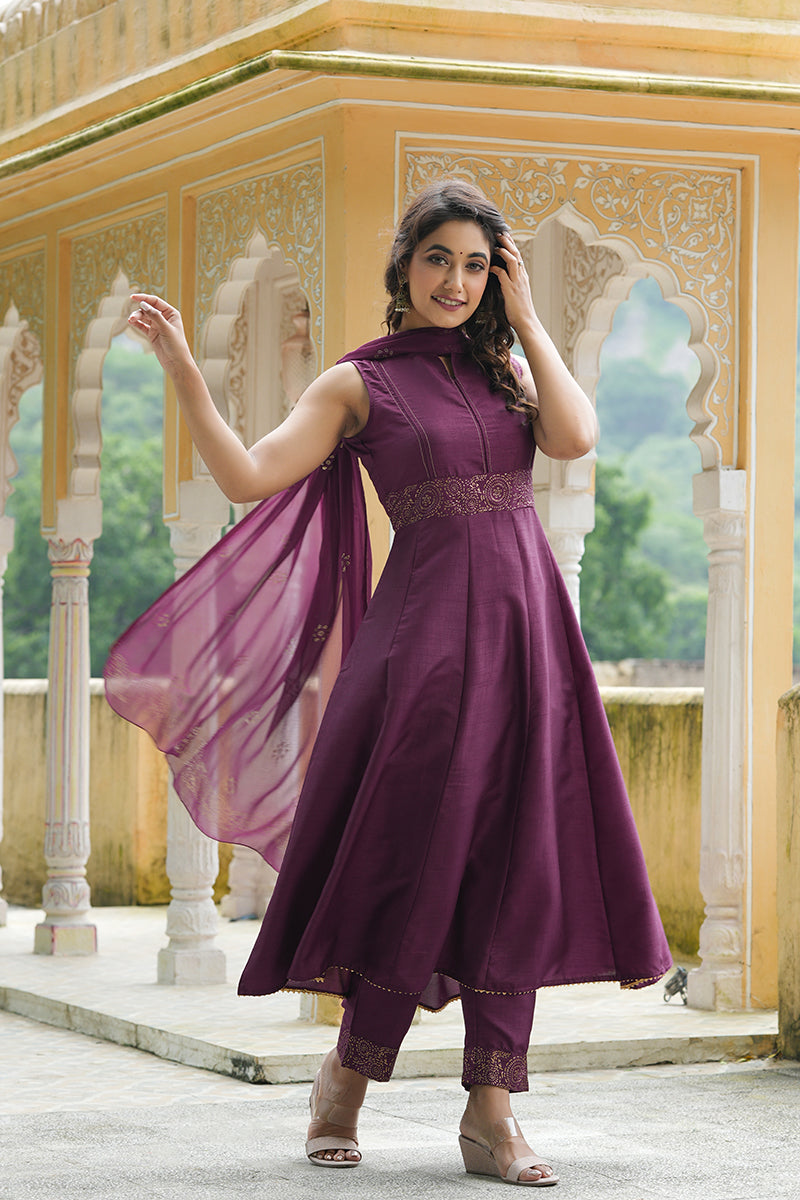  Women Purple Woven Design Kurta Trousers With Dupatta