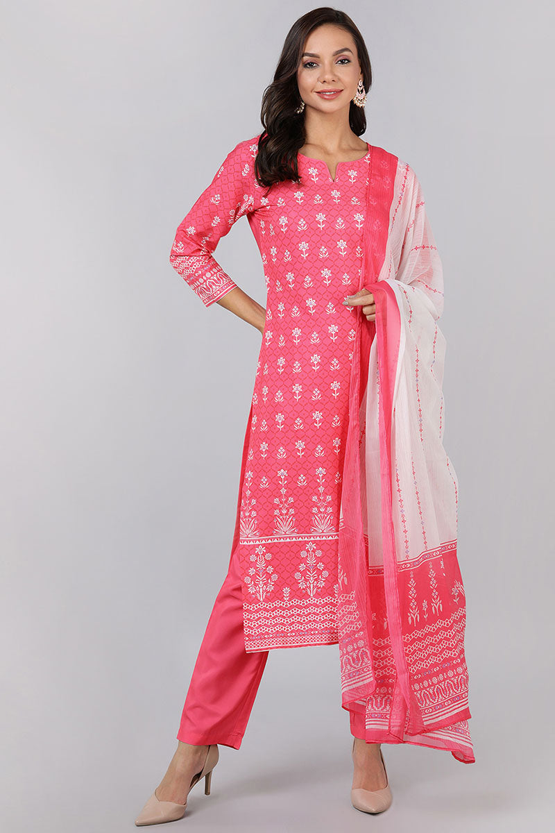  Women Pink Printed Kurta Trousers With Dupatta