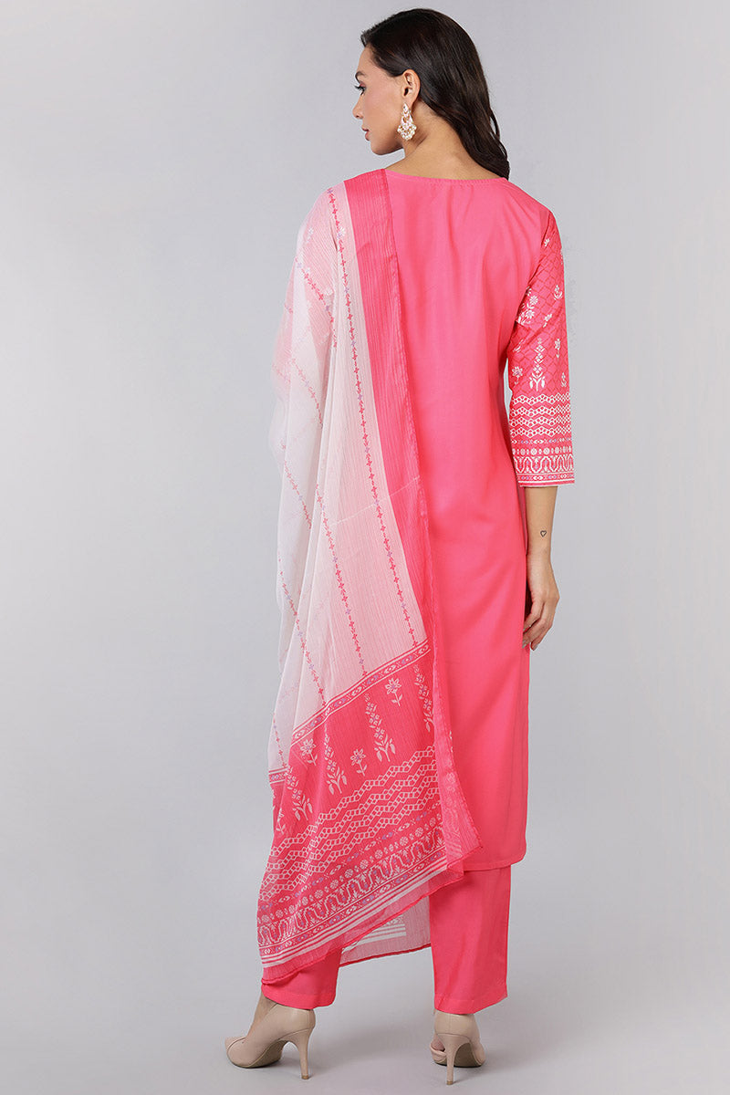  Women Pink Printed Kurta Trousers With Dupatta