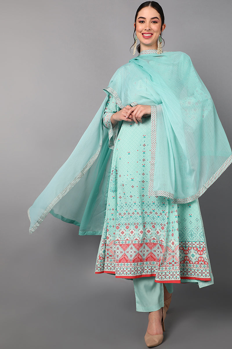   Women Sea Green Floral Printed Regular Kurti with Trousers & With Dupatta