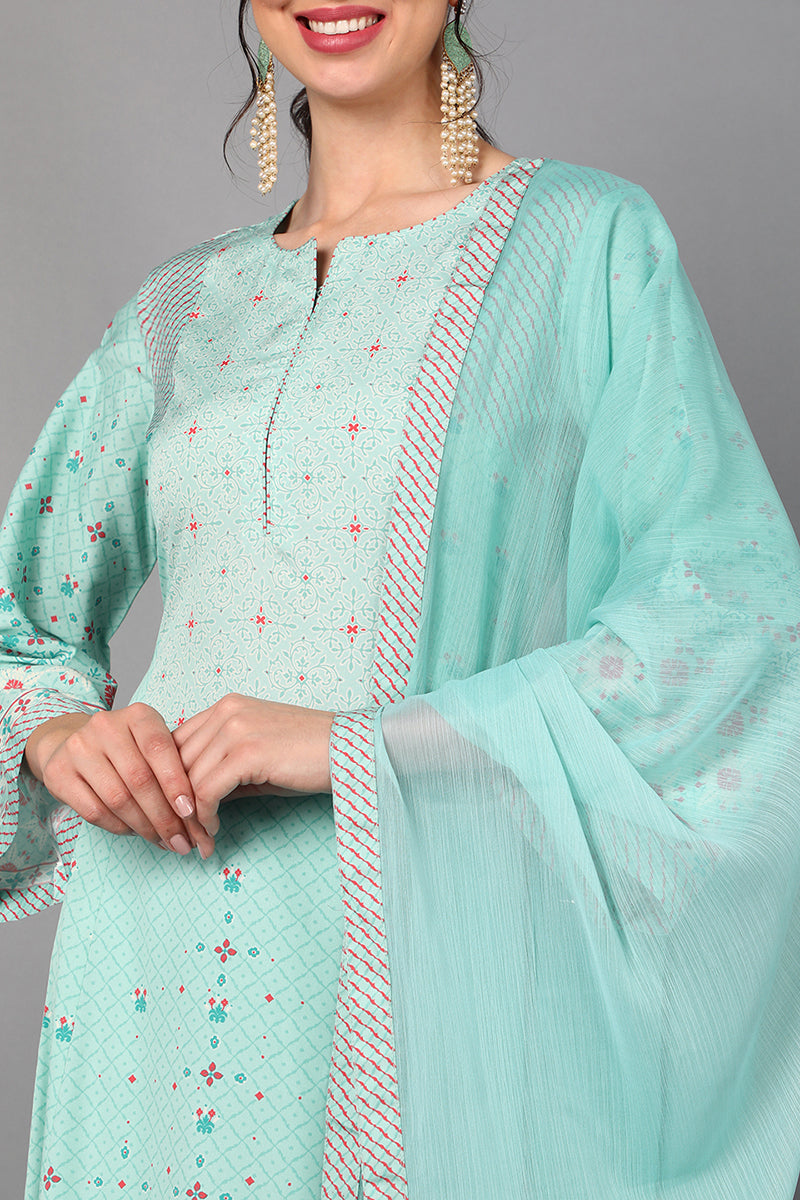   Women Sea Green Floral Printed Regular Kurti with Trousers & With Dupatta