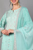   Women Sea Green Floral Printed Regular Kurti with Trousers & With Dupatta