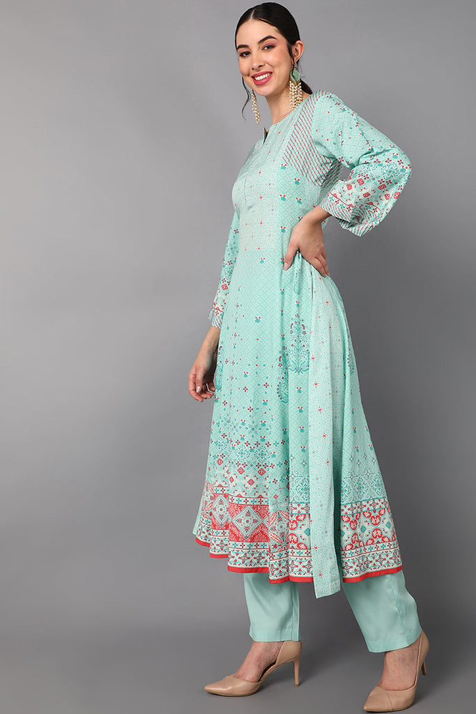   Women Sea Green Floral Printed Regular Kurti with Trousers & With Dupatta