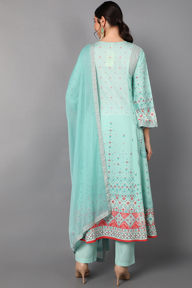   Women Sea Green Floral Printed Regular Kurti with Trousers & With Dupatta