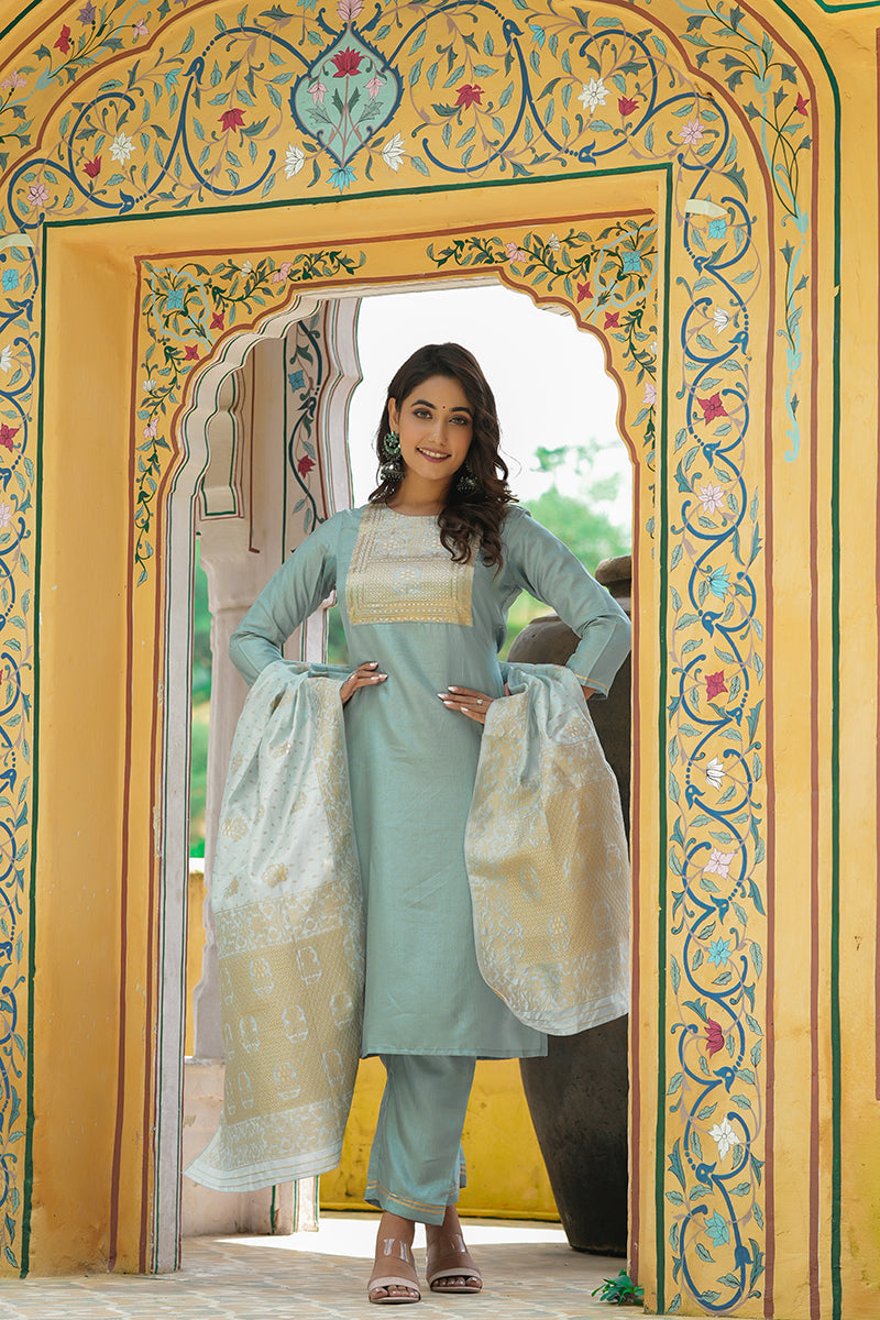  Women Grey Yoke Design Kurta Trousers With Dupatta