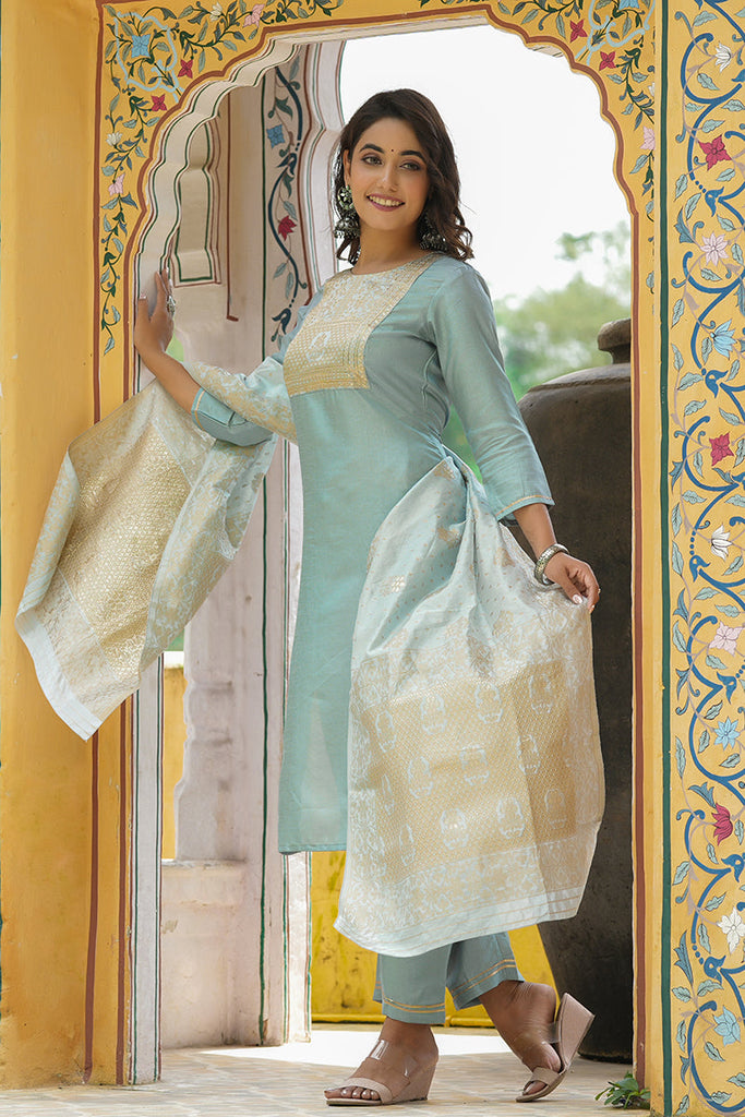  Women Grey Yoke Design Kurta Trousers With Dupatta