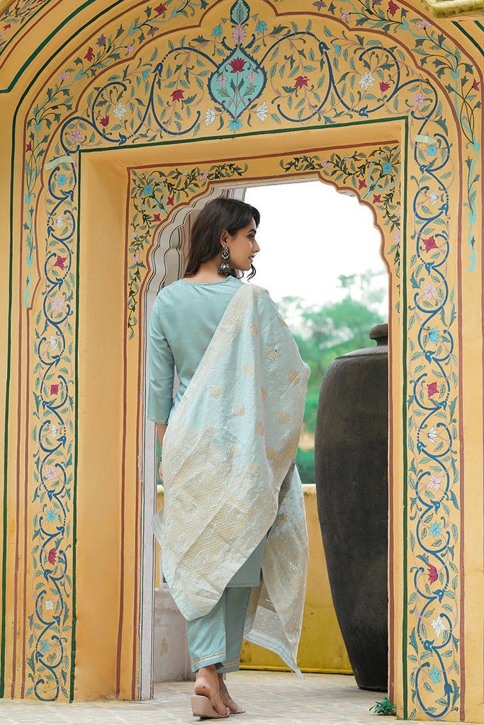  Women Grey Yoke Design Kurta Trousers With Dupatta