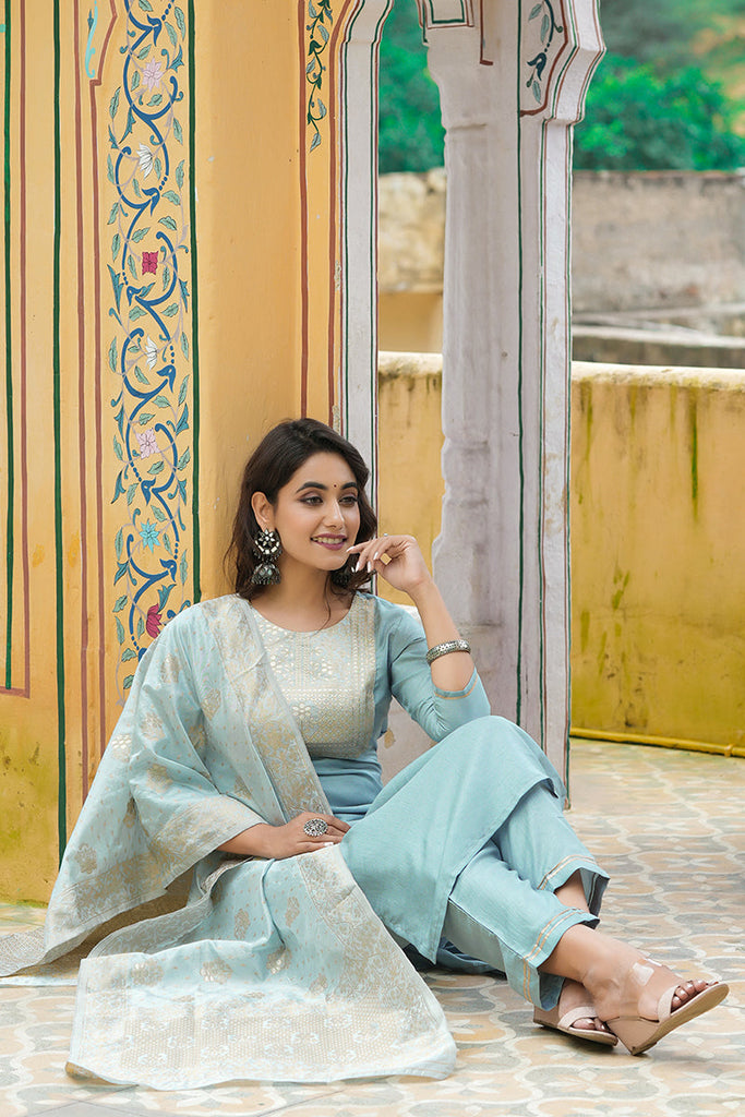  Women Grey Yoke Design Kurta Trousers With Dupatta