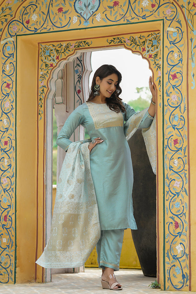  Women Grey Yoke Design Kurta Trousers With Dupatta