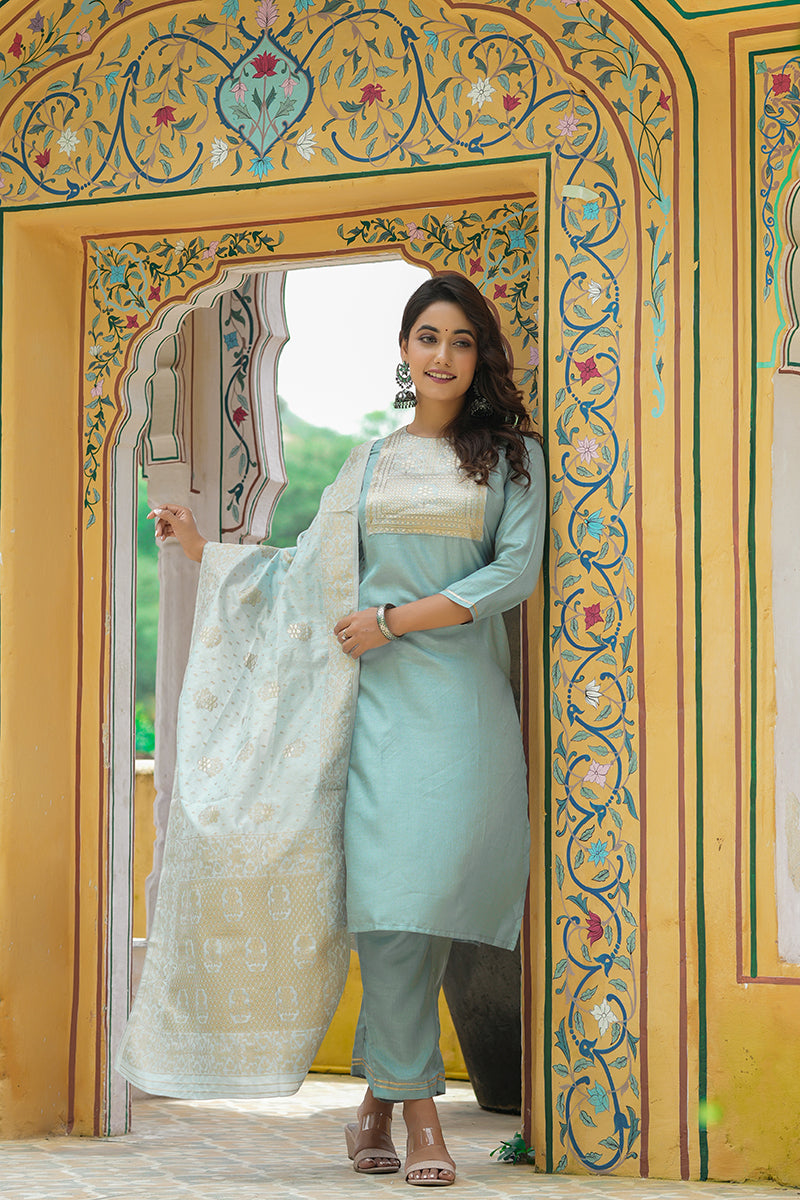  Women Grey Yoke Design Kurta Trousers With Dupatta