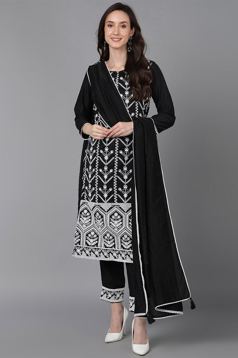  Women Black Poly Silk Ethnic Motifs Embroidered Kurta Trousers With Dupatta 