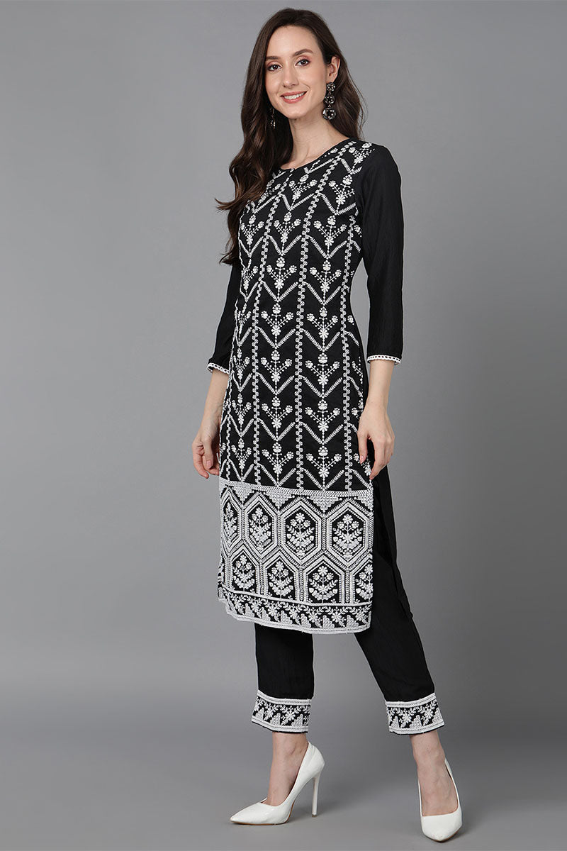  Women Black Poly Silk Ethnic Motifs Embroidered Kurta Trousers With Dupatta 