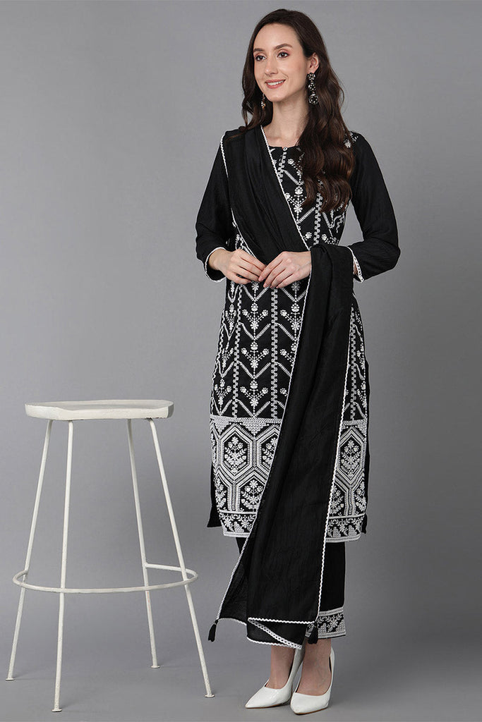  Women Black Poly Silk Ethnic Motifs Embroidered Kurta Trousers With Dupatta 