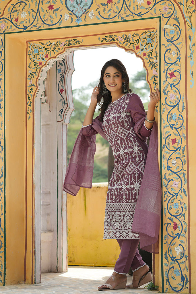  Women Lavender Embroidered Kurta Trousers With Dupatta