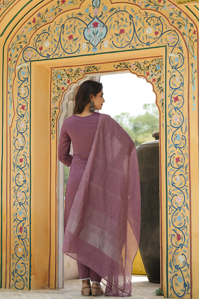  Women Lavender Embroidered Kurta Trousers With Dupatta