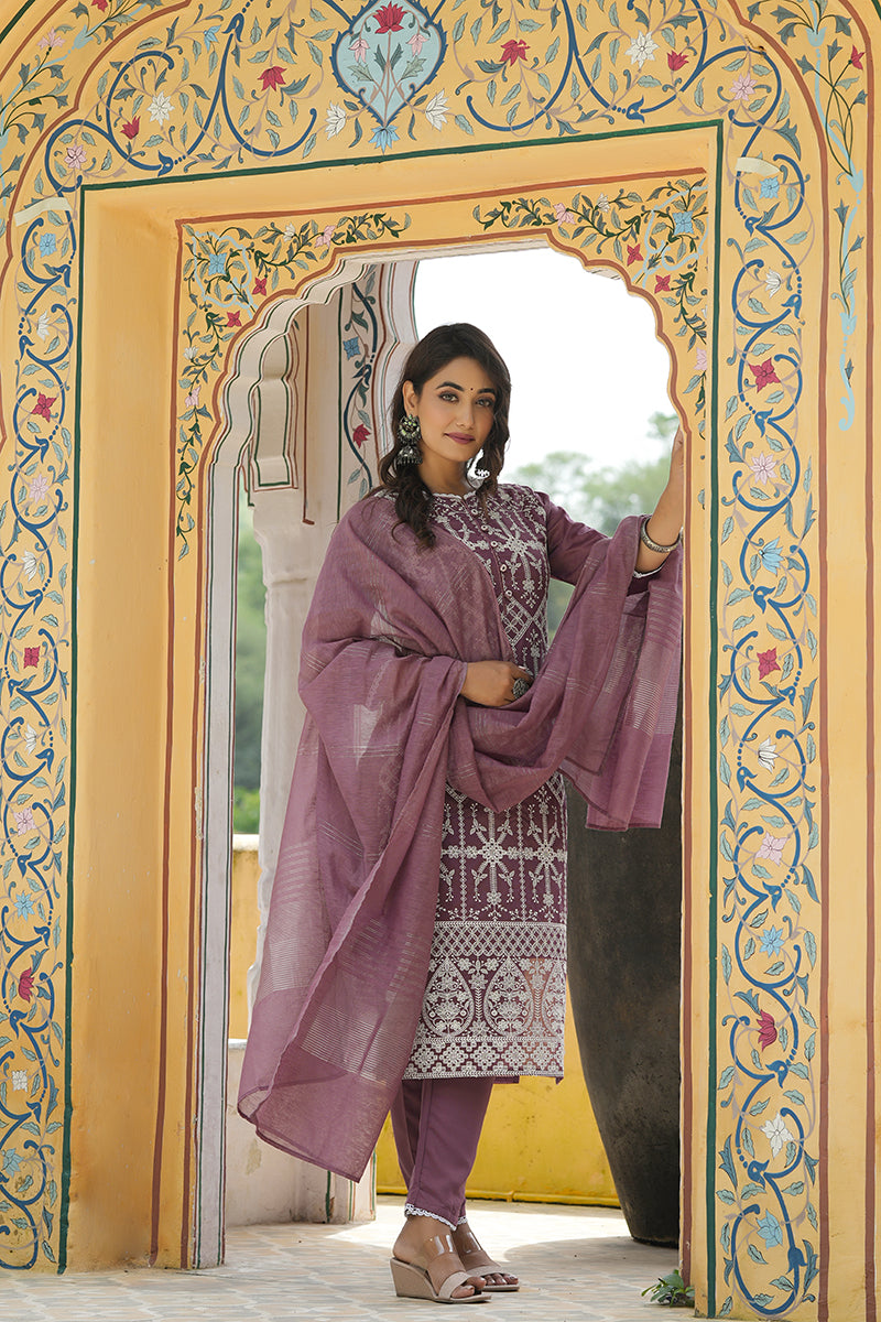  Women Lavender Embroidered Kurta Trousers With Dupatta