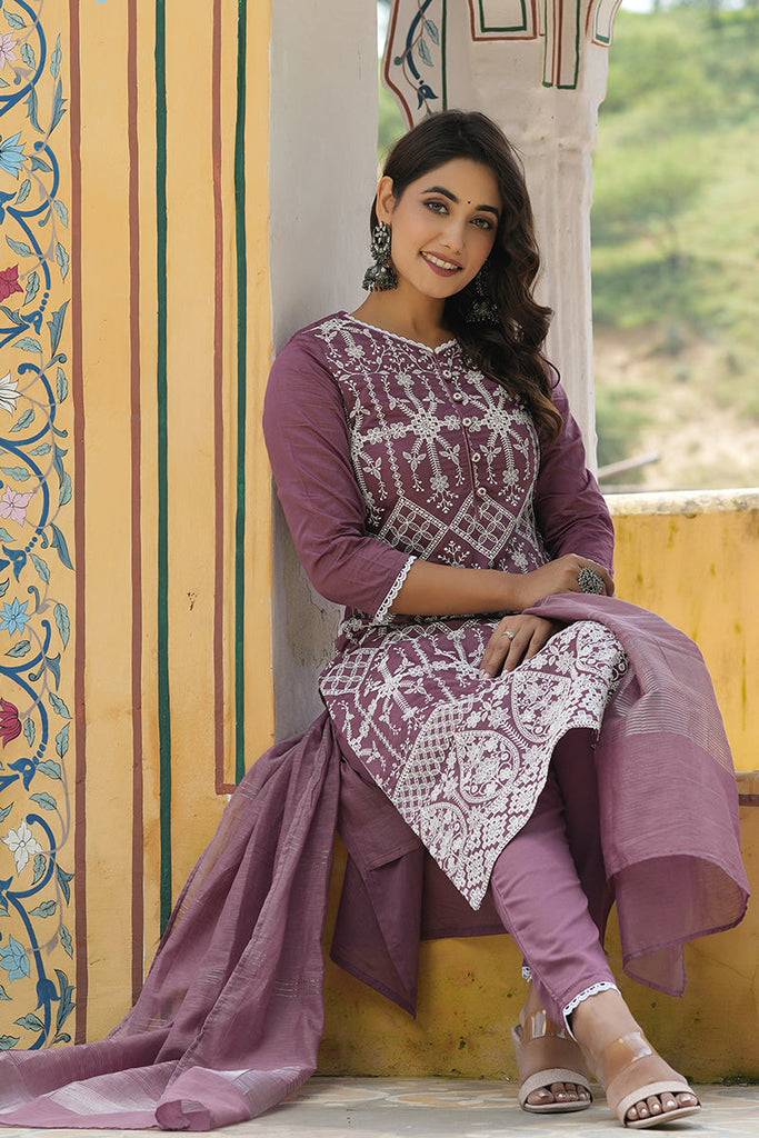  Women Lavender Embroidered Kurta Trousers With Dupatta