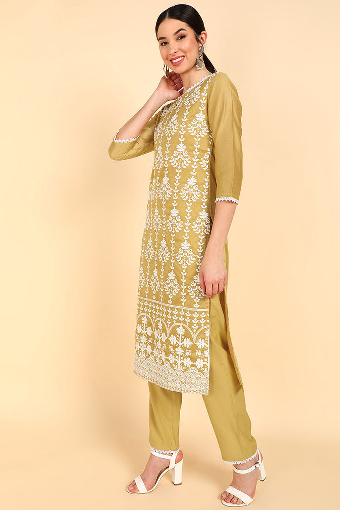  Women Olive Embroidered Kurta Trousers With Dupatta