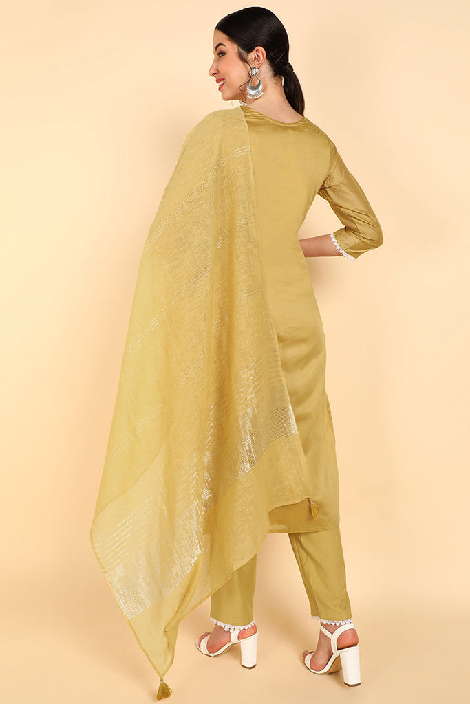  Women Olive Embroidered Kurta Trousers With Dupatta