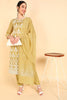  Women Olive Embroidered Kurta Trousers With Dupatta