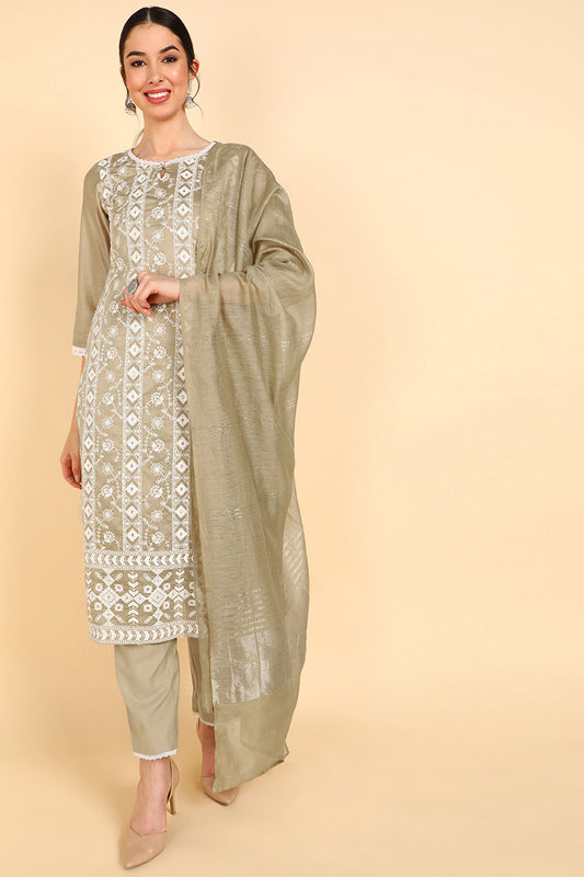  Women Beige Embroidered Kurta Trousers With Dupatta