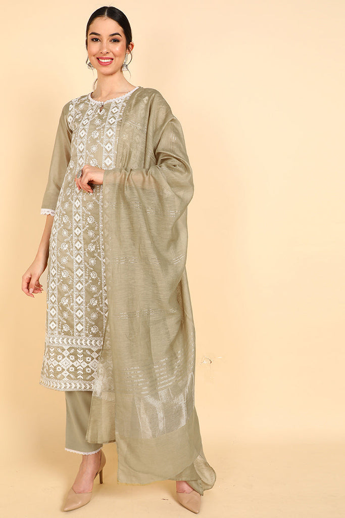  Women Beige Embroidered Kurta Trousers With Dupatta