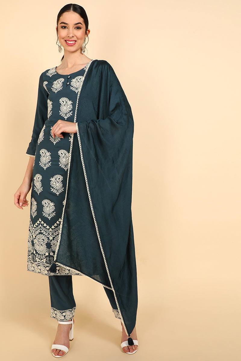  Women Charcoal Embroidered Kurta Trousers With Dupatta