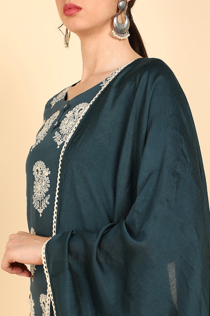  Women Charcoal Embroidered Kurta Trousers With Dupatta