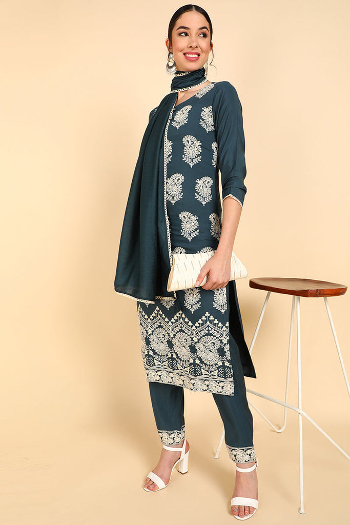  Women Charcoal Embroidered Kurta Trousers With Dupatta