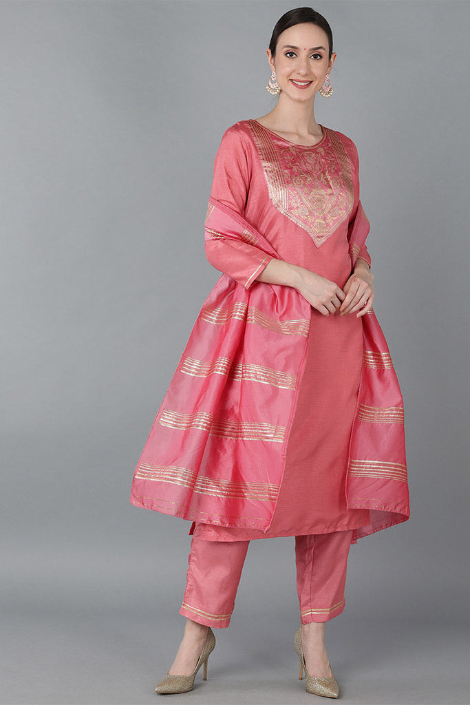  Women Rose Poly Silk Yoke Design Kurta Trousers With Dupatta 