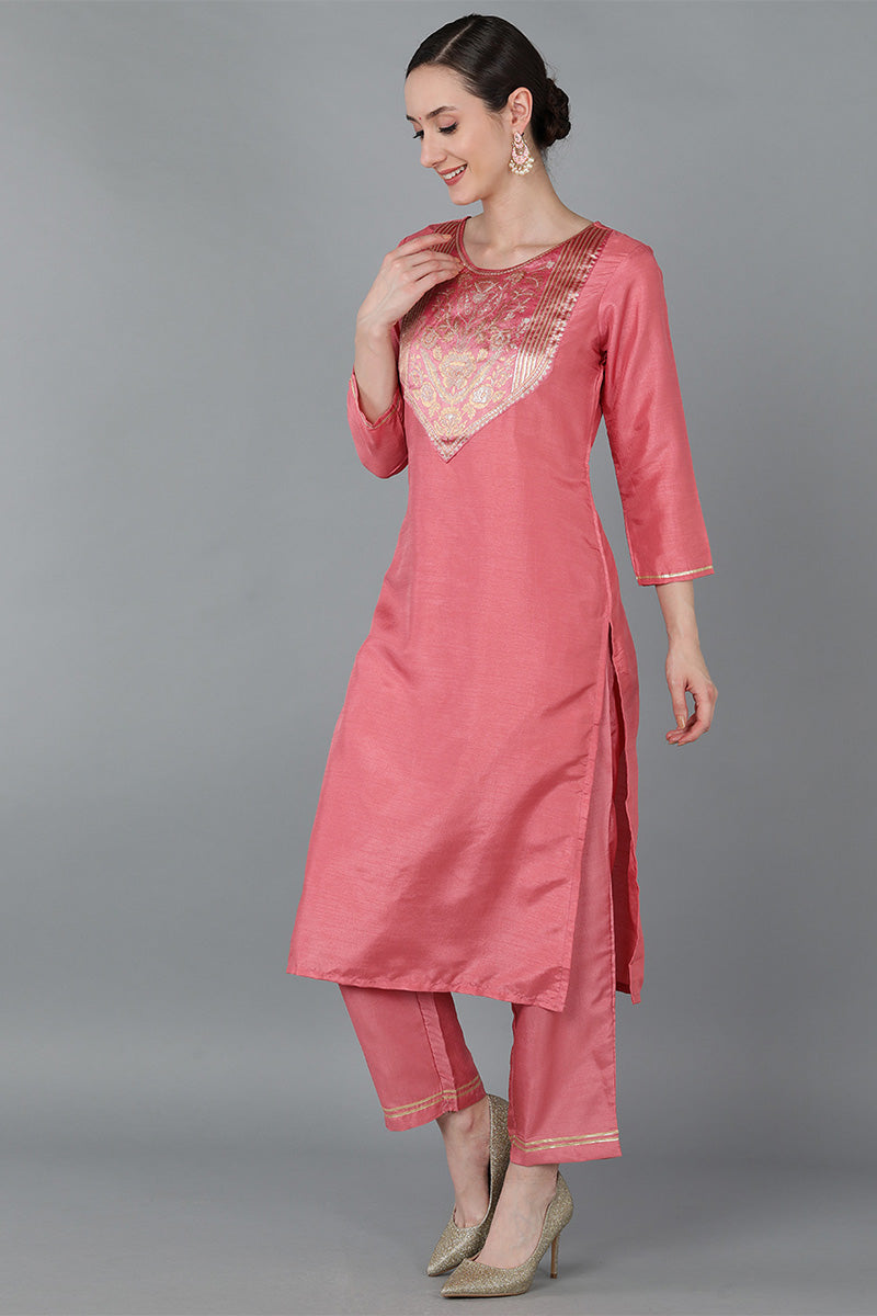  Women Rose Poly Silk Yoke Design Kurta Trousers With Dupatta 