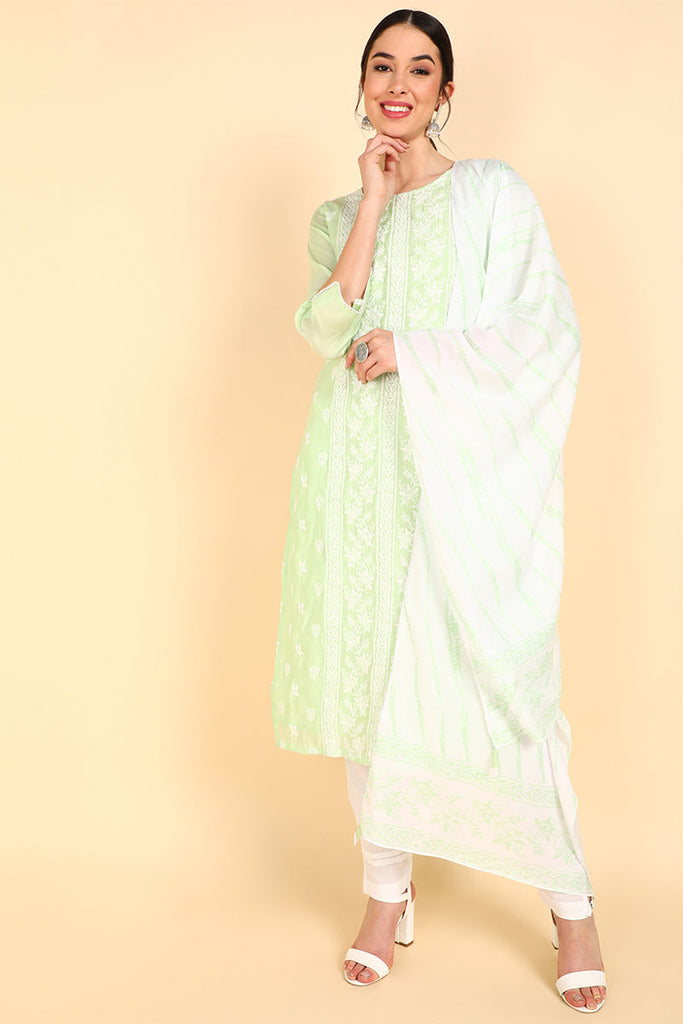  Women Green Embroidered Kurta Trousers With Dupatta