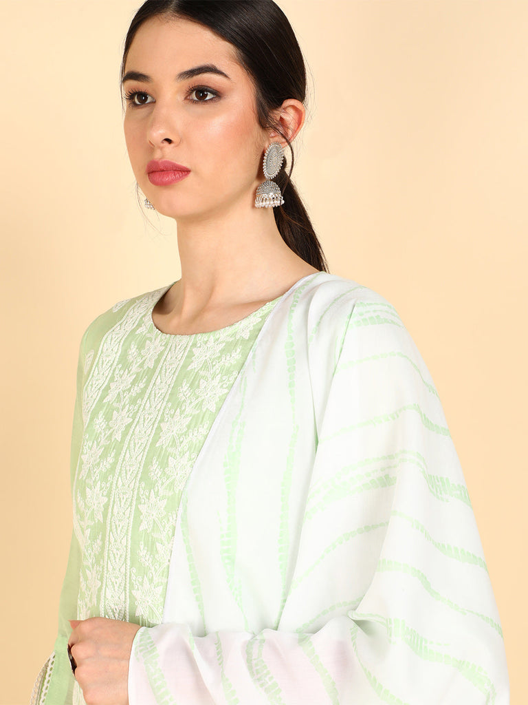  Women Green Embroidered Kurta Trousers With Dupatta