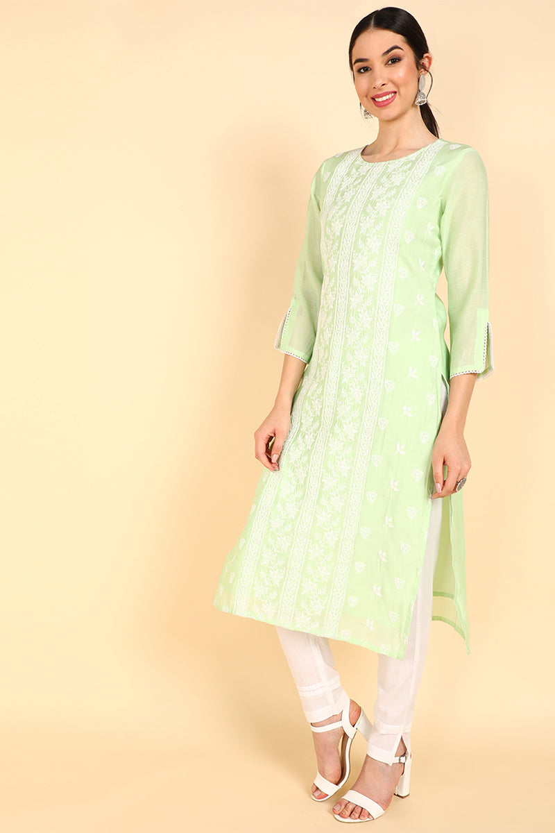  Women Green Embroidered Kurta Trousers With Dupatta