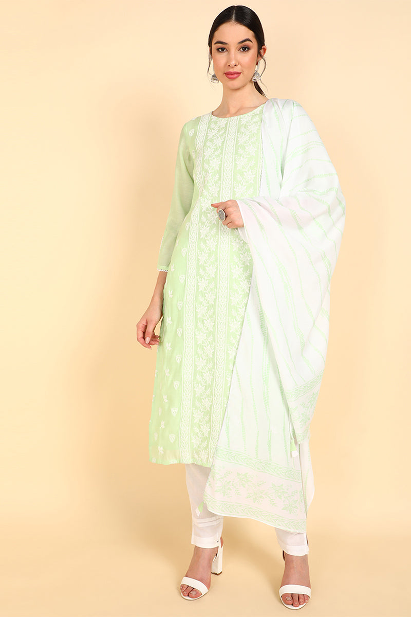  Women Green Embroidered Kurta Trousers With Dupatta