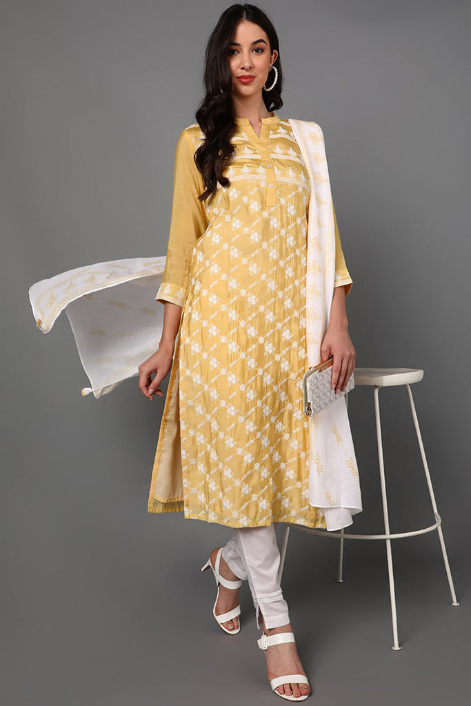 Yellow Poly Silk Ethnic Motifs Straight Suit Set PKSKD1360