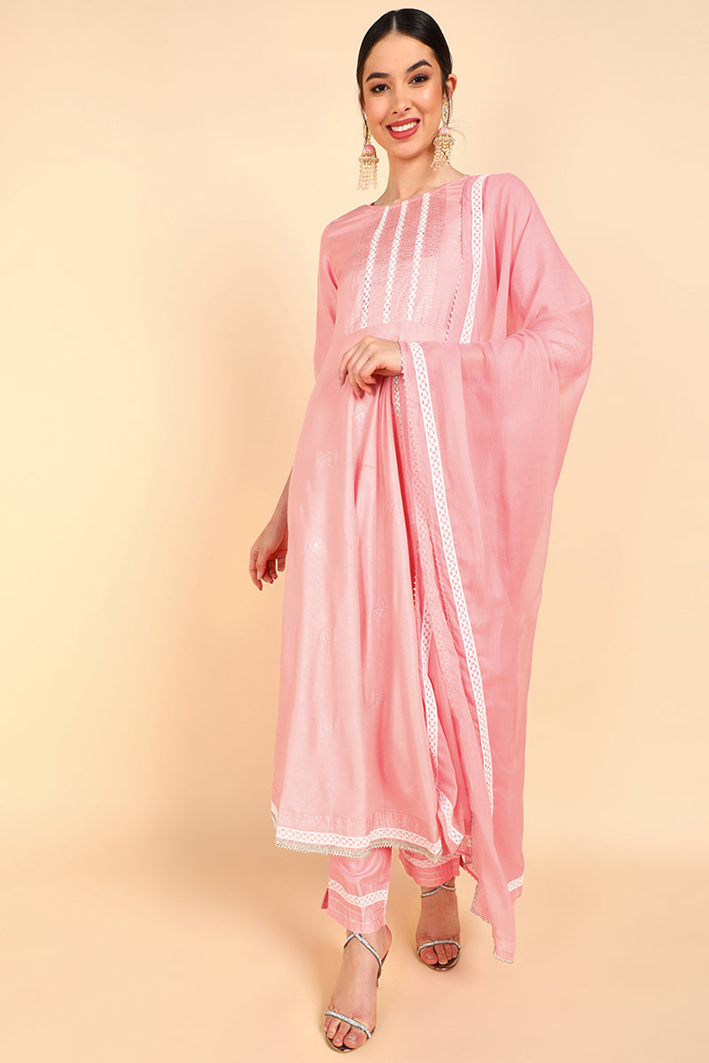  Women Pink Solid Kurta Trousers With Dupatta