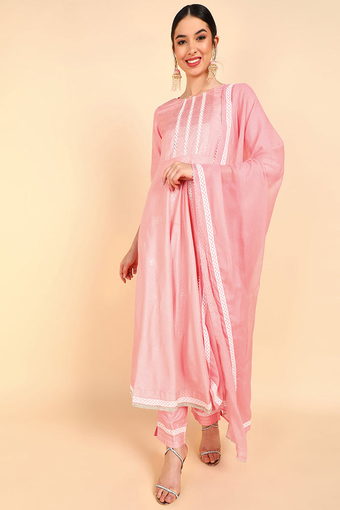  Women Pink Solid Kurta Trousers With Dupatta