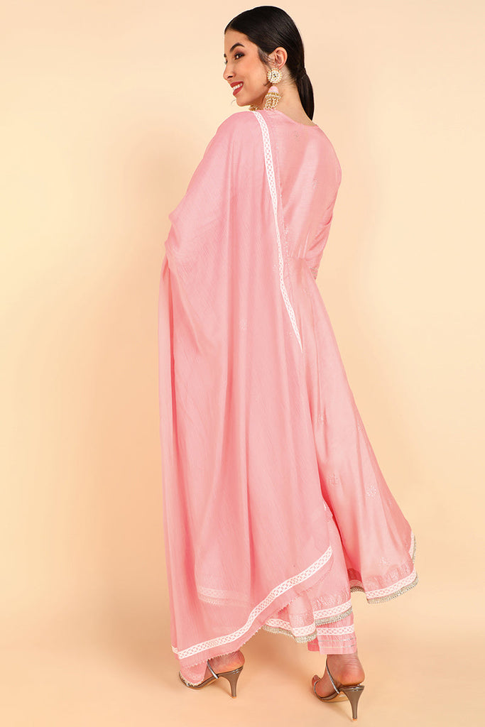  Women Pink Solid Kurta Trousers With Dupatta