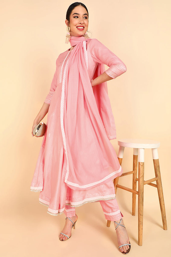  Women Pink Solid Kurta Trousers With Dupatta