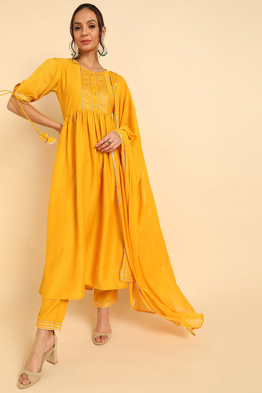  Women Mustard Solid Kurta Trousers With Dupatta