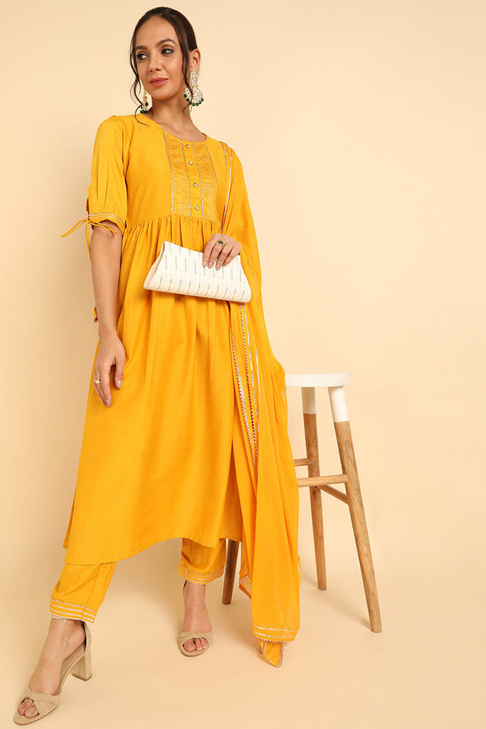  Women Mustard Solid Kurta Trousers With Dupatta